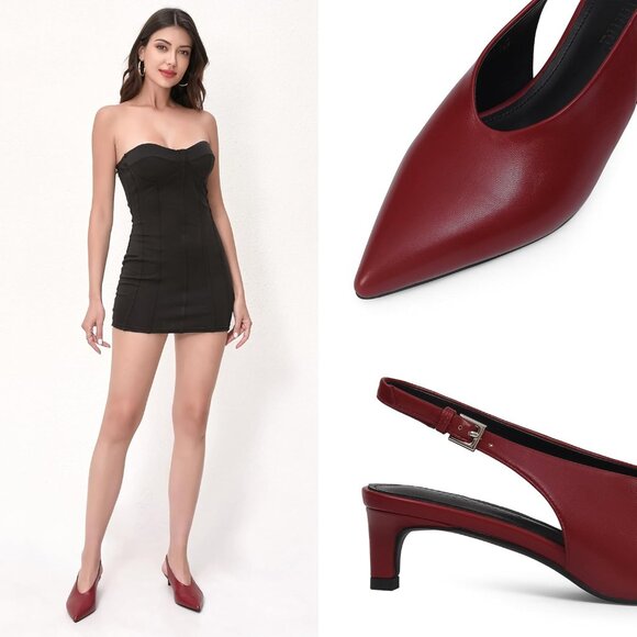 ⚡Women's Red Slingback  2 IN Kitten Heels Pointed Toe Low Heel Faux Leather - Picture 3 of 5